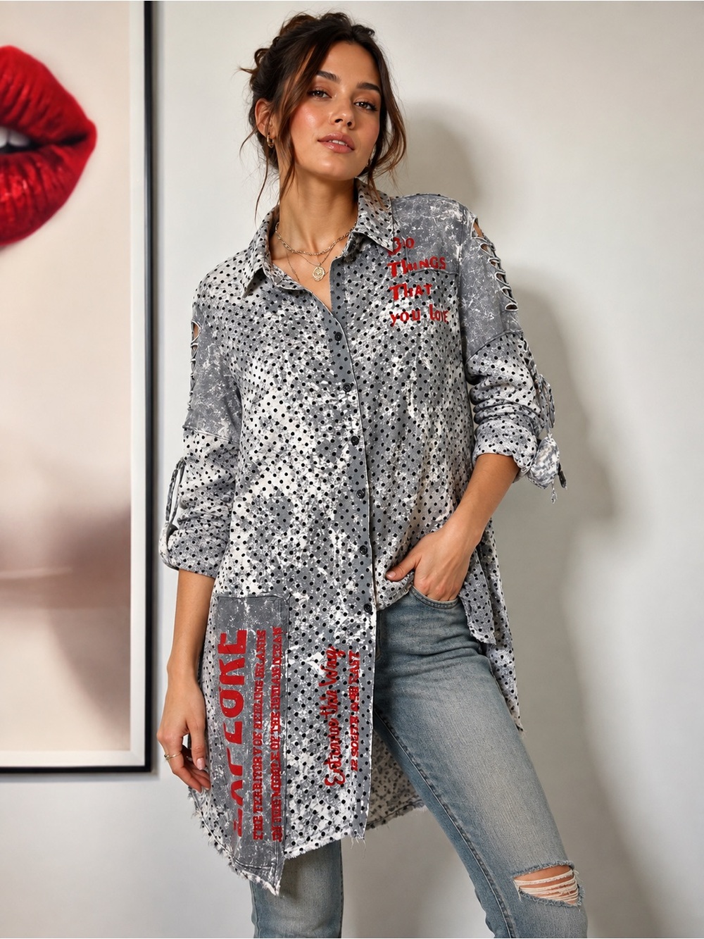 Signet New Fashion Distressed Polka Dot Asymmetrical Shirt Tunic Size S